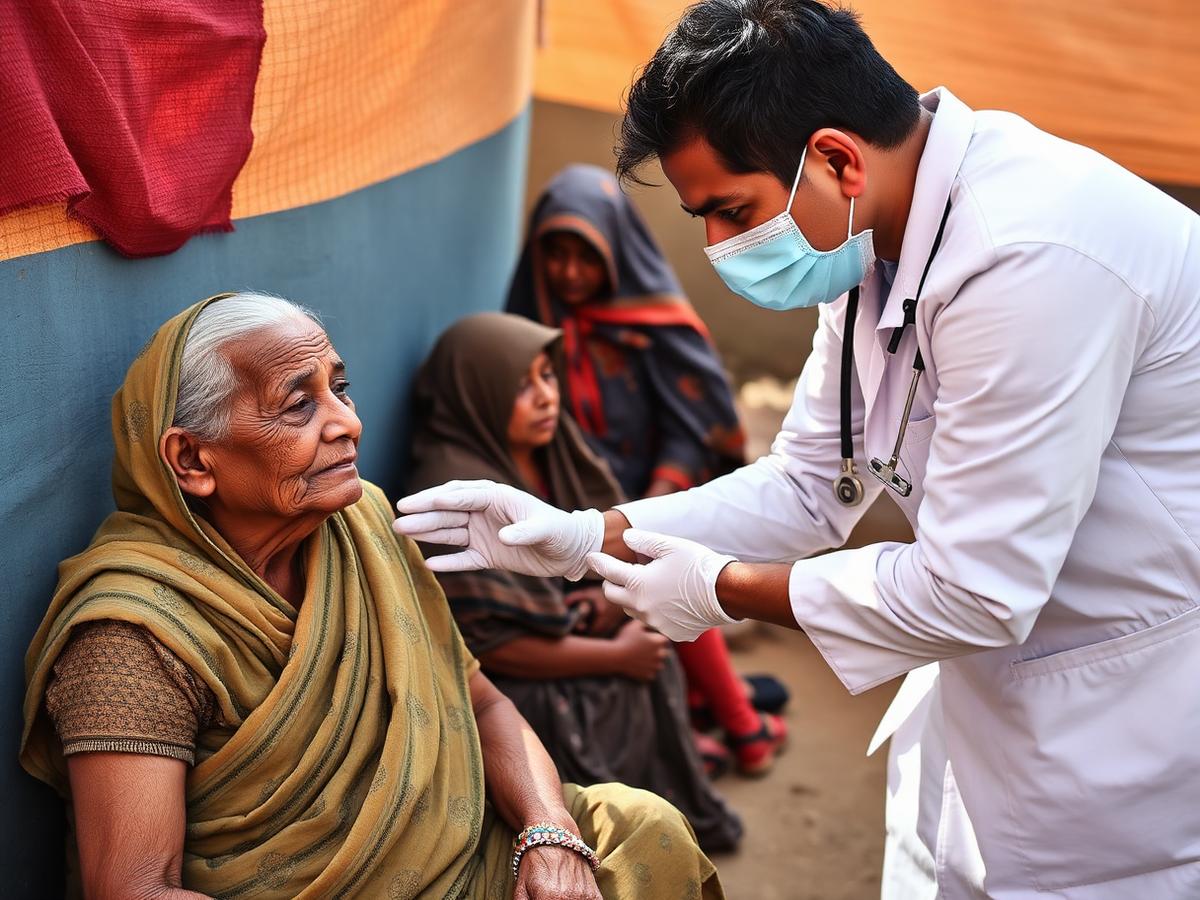 A health worker checking on a patient during a rural medical camp